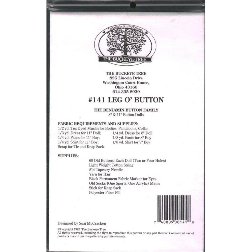 The Buckeye Tree Leg O Button Doll Pattern 141 Suzi McCracken‎ Vintage 1991 359